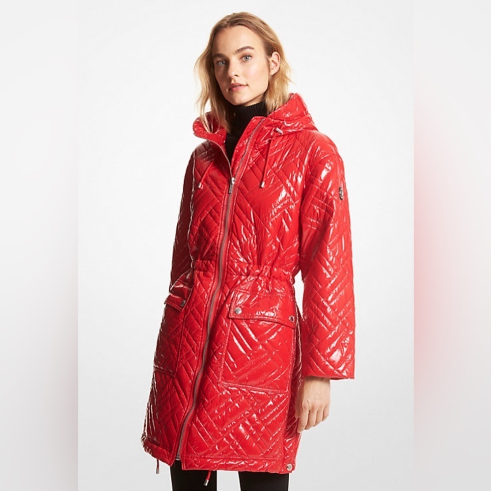 MICHAEL KORS Quilted Ciré Nylon Puffer Coat Crimson RED Sz Medium $455